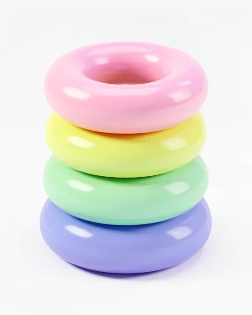 Four glossy stacked torus rings in soft pastel rainbow shades rest against a plain white background