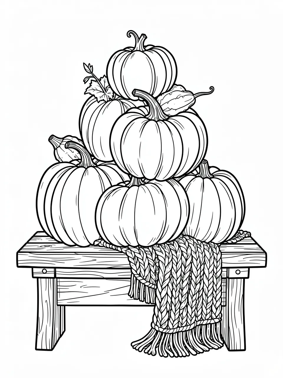 Black and white line art of a stack of pumpkins and gourds resting on a wooden bench with a knitted draped scarf