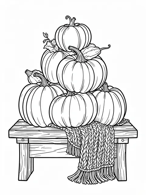 Black and white line art of a stack of pumpkins and gourds resting on a wooden bench with a knitted draped scarf