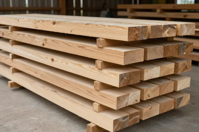 Stacked rough sawn wooden planks separated by spacer sticks in a covered drying barn
