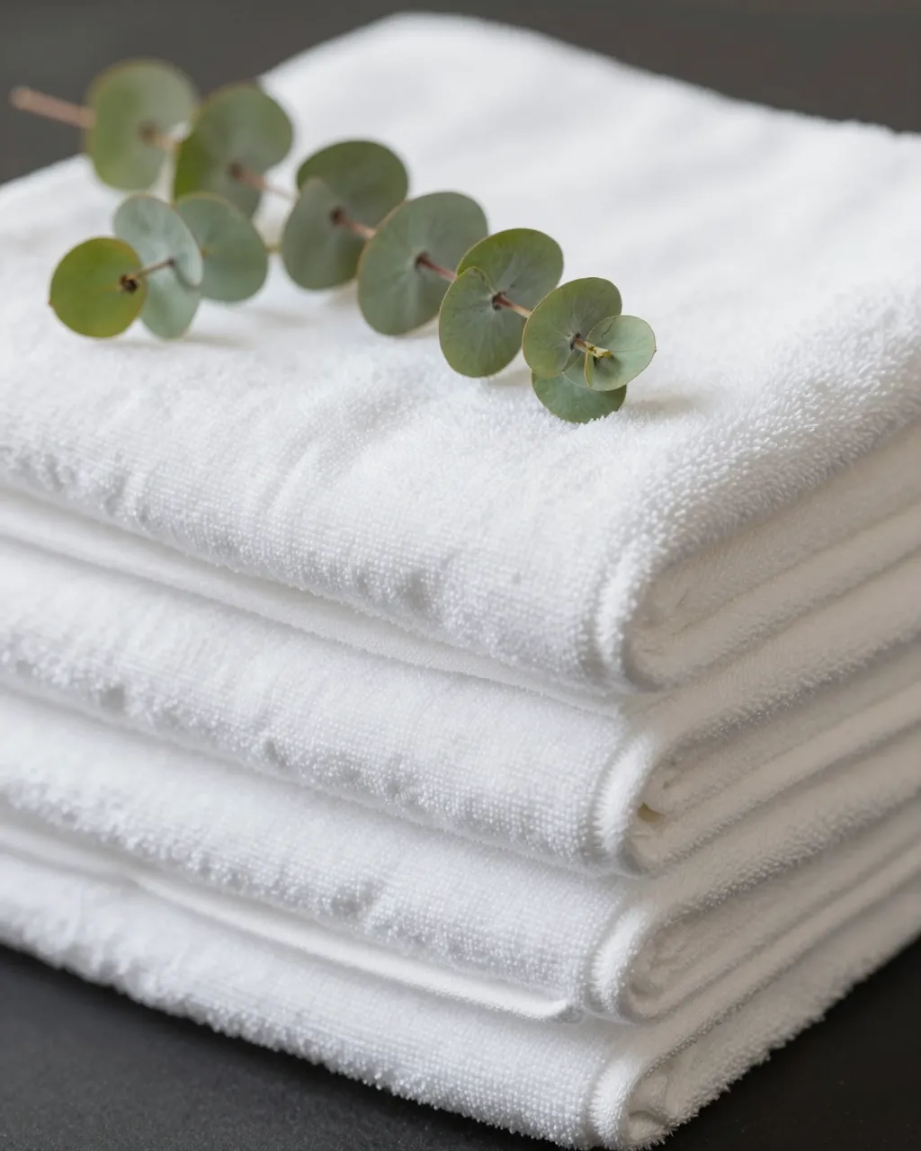 A neat stack of folded white towels topped with a fresh eucalyptus sprig rests on a dark surface.