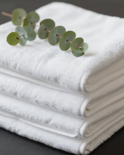 A neat stack of folded white towels topped with a fresh eucalyptus sprig rests on a dark surface.