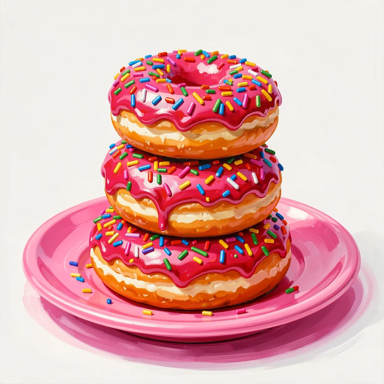 Acrylic painting of three stacked pink glazed donuts with rainbow sprinkles resting on a bright pink plate