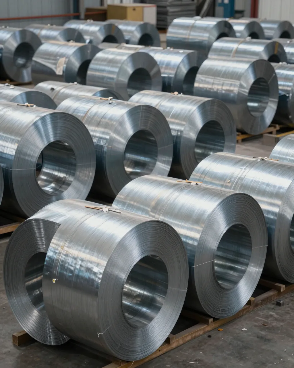 Rows of shiny industrial steel coils sit stacked on wooden pallets inside a large warehouse