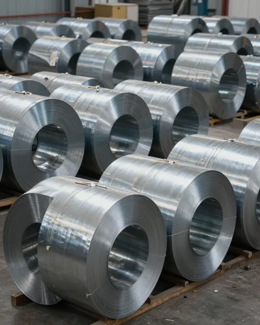 Rows of shiny industrial steel coils sit stacked on wooden pallets inside a large warehouse