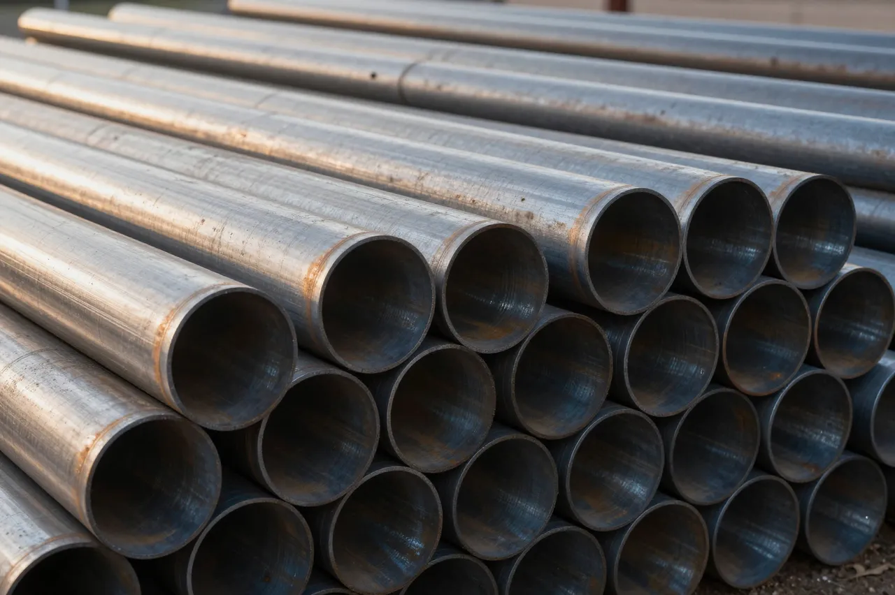Close-up of stacked steel pipe ends illuminated by warm evening light in an industrial storage yard
