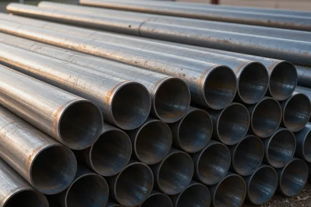 Close-up of stacked steel pipe ends illuminated by warm evening light in an industrial storage yard
