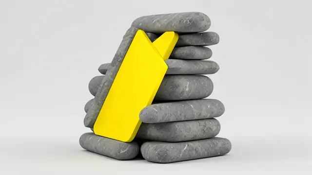 A 3D rendered stack of rounded gray stone slabs with a leaning bright yellow slab against a plain light gray background