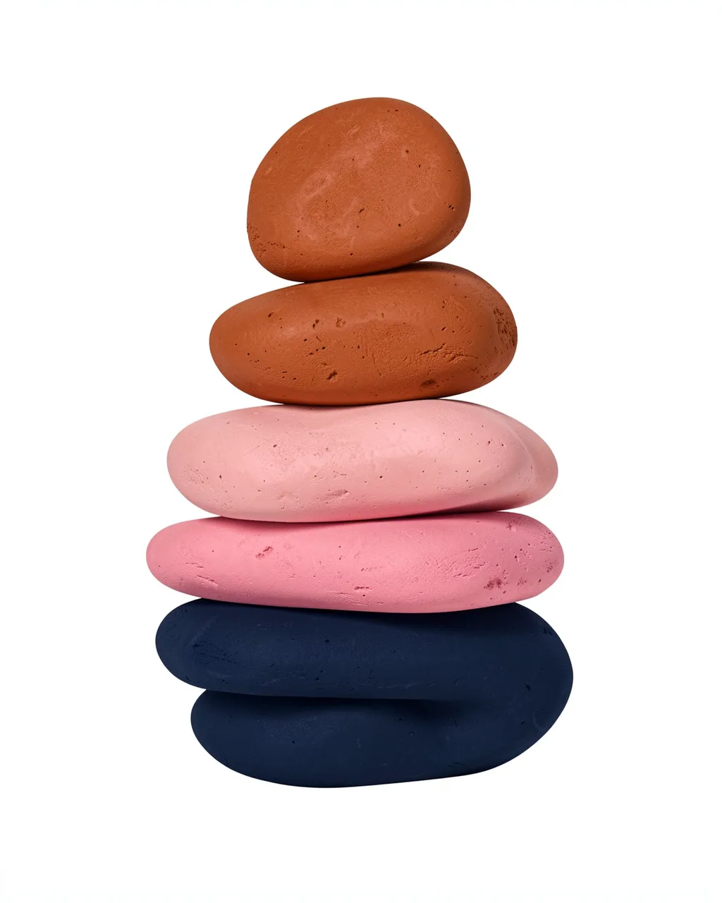 A vertical stack of smooth rounded organic forms in terracotta, pink, and navy against a plain white background