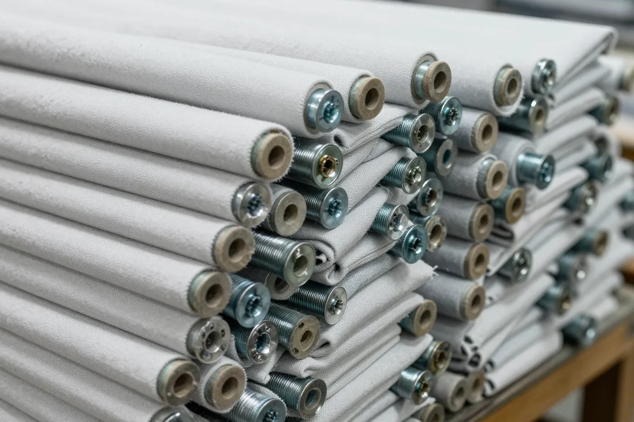 Tightly stacked light gray fabric rolls with metal end fittings sit on a factory work surface