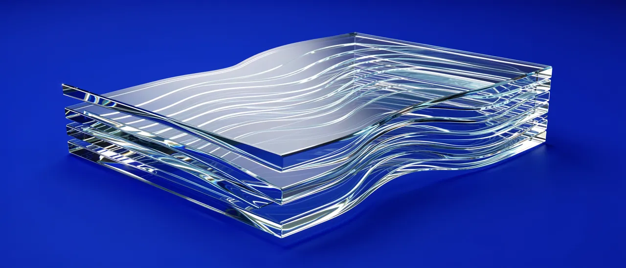 Layered wavy clear glass sheets rest on a solid cobalt blue background with bright glowing edge highlights.