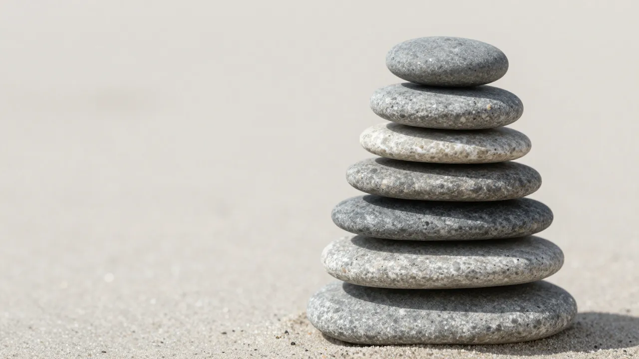 A balanced stack of smooth gray stones sits on pale sand with empty copy space to the left