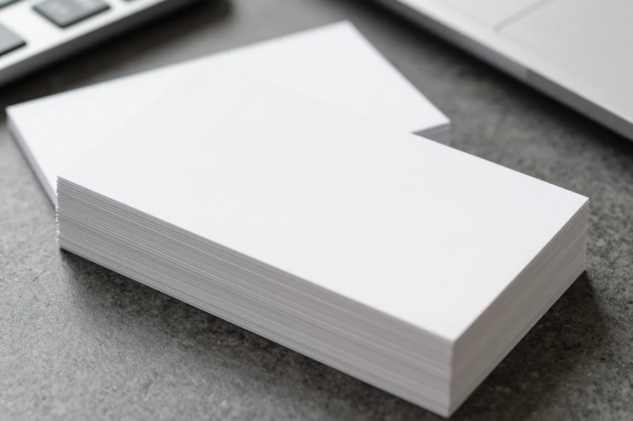 Two stacks of blank white business cards sit on a dark office desk near a keyboard and laptop edge.