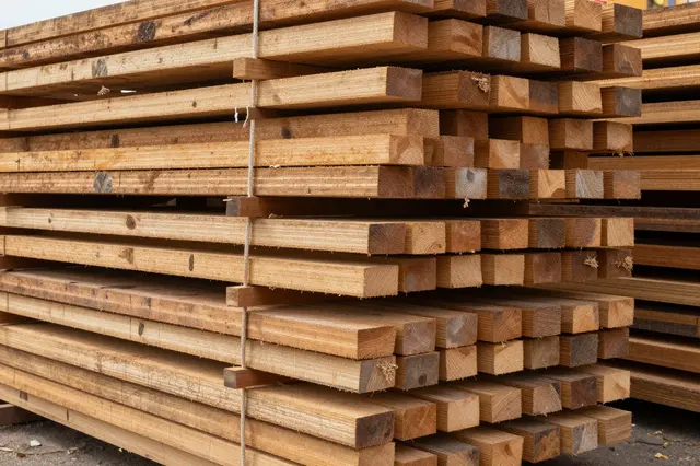 Neat stacked piles of fresh sawn wooden construction lumber sit in a lumber yard