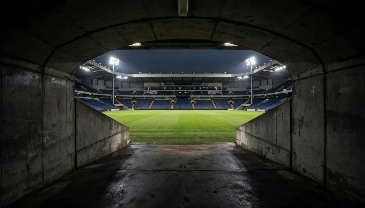 View from inside a concrete player tunnel looking out to a floodlit empty football pitch at night