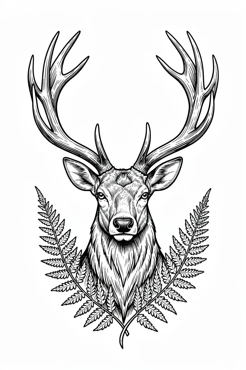 Fine black line art of a stag head with branching antlers framed by fern leaves on a white background