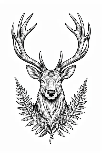 Fine black line art of a stag head with branching antlers framed by fern leaves on a white background