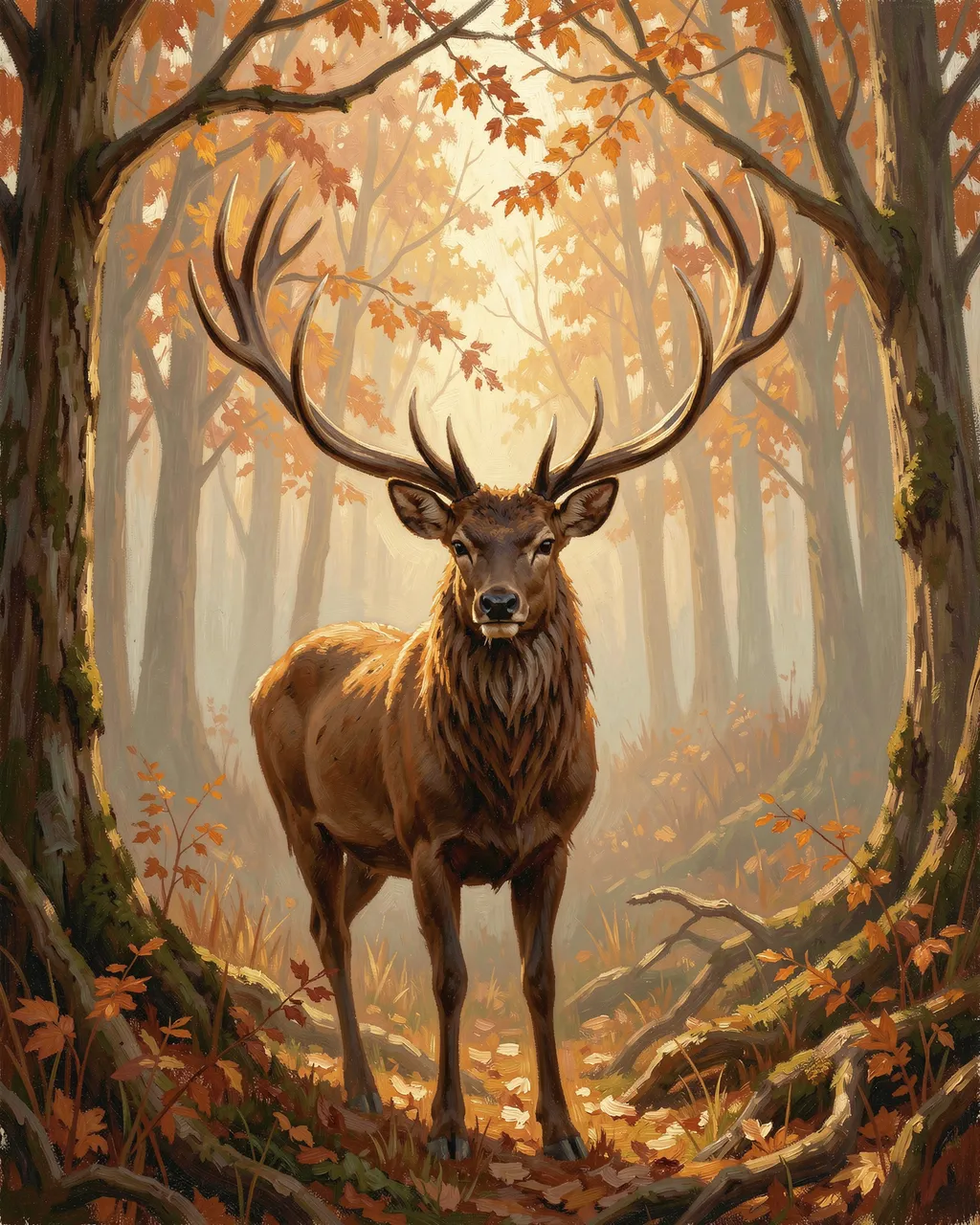 Oil painting of a large antlered stag standing in a misty autumn forest with warm golden light filtering through trees