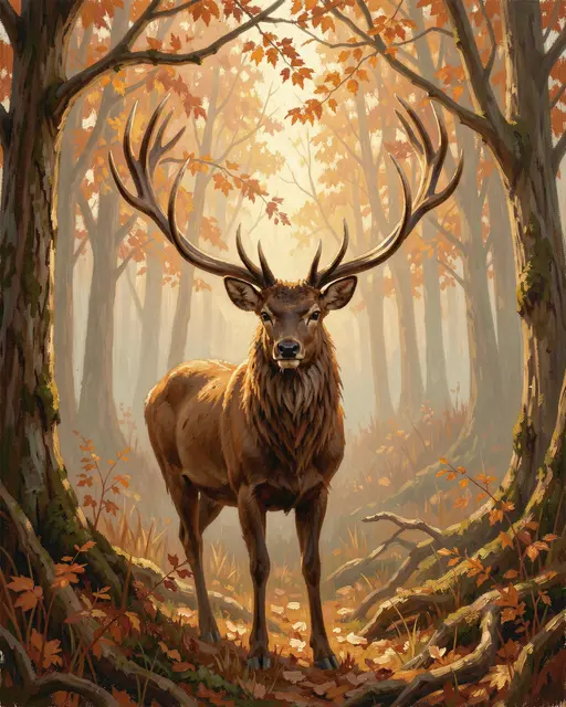Oil painting of a large antlered stag standing in a misty autumn forest with warm golden light filtering through trees