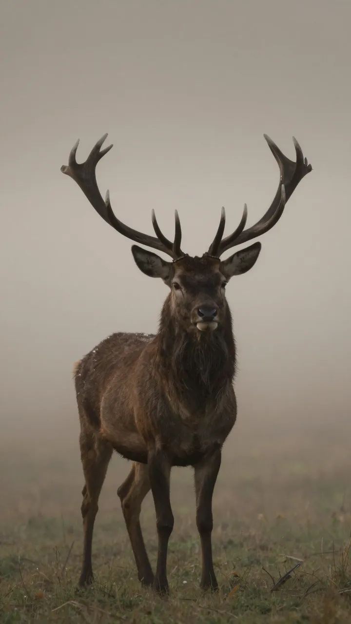 A large red stag with wide antlers stands in a grassy meadow surrounded by thick pale morning fog.