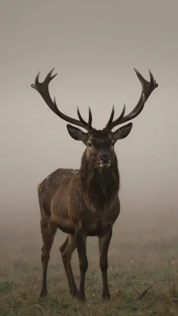 A large red stag with wide antlers stands in a grassy meadow surrounded by thick pale morning fog.