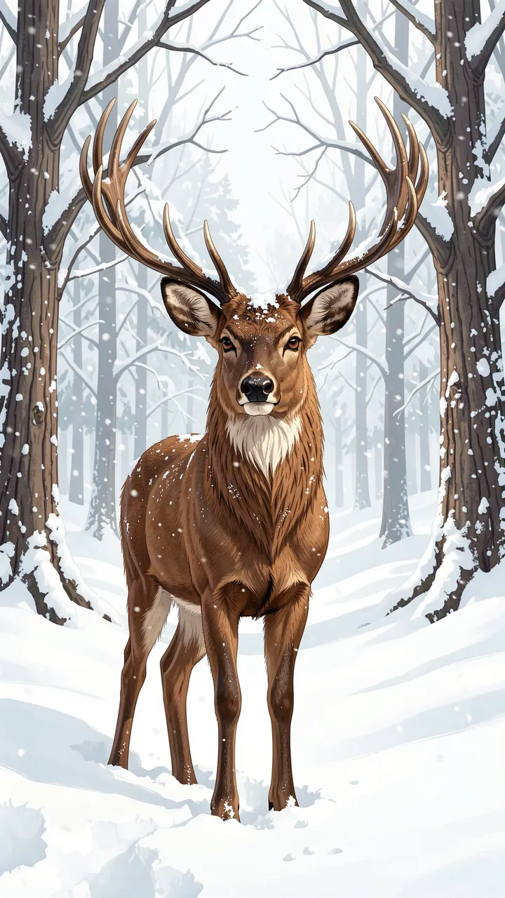 A large stag with antlers stands facing the viewer in a snow-covered winter forest as snow falls.