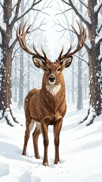A large stag with antlers stands facing the viewer in a snow-covered winter forest as snow falls.