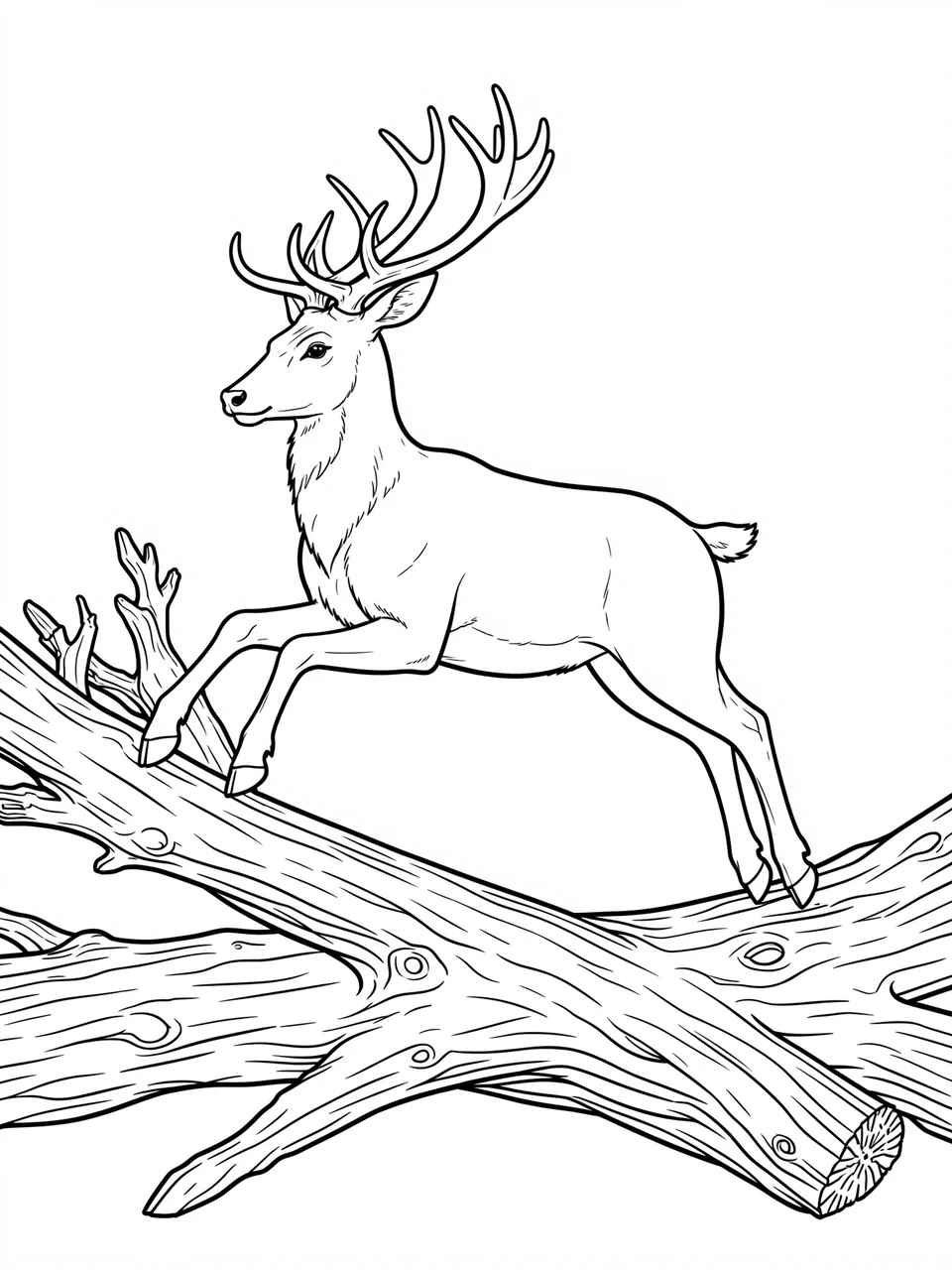 Black and white line art of an antlered stag mid-leap across gnarled fallen logs on a plain white background