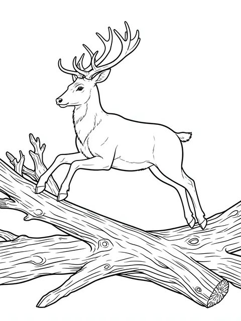 Black and white line art of an antlered stag mid-leap across gnarled fallen logs on a plain white background