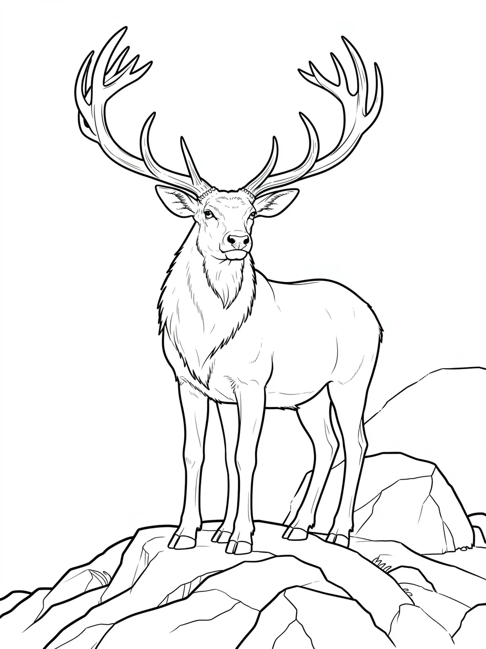 Black and white line art of a stag with large antlers standing on rocky terrain for a coloring page