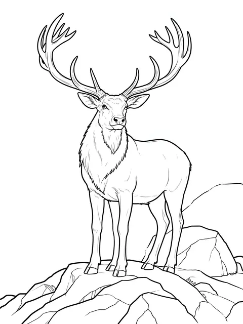 Black and white line art of a stag with large antlers standing on rocky terrain for a coloring page