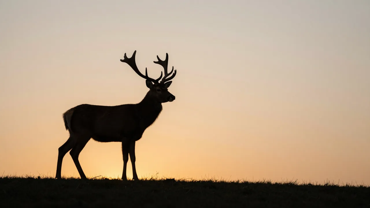 A silhouetted stag with large antlers stands on a grassy hilltop against a soft gradient sunrise sky.