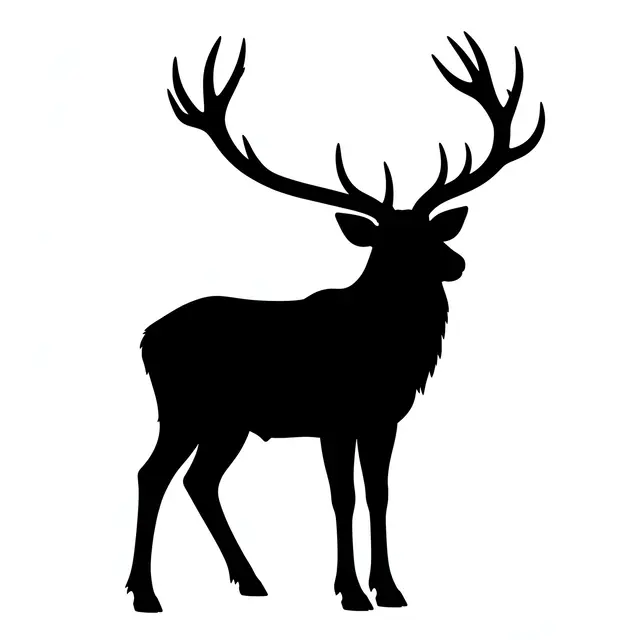 A sharp solid black silhouette of a stag with large branching antlers on a plain white background