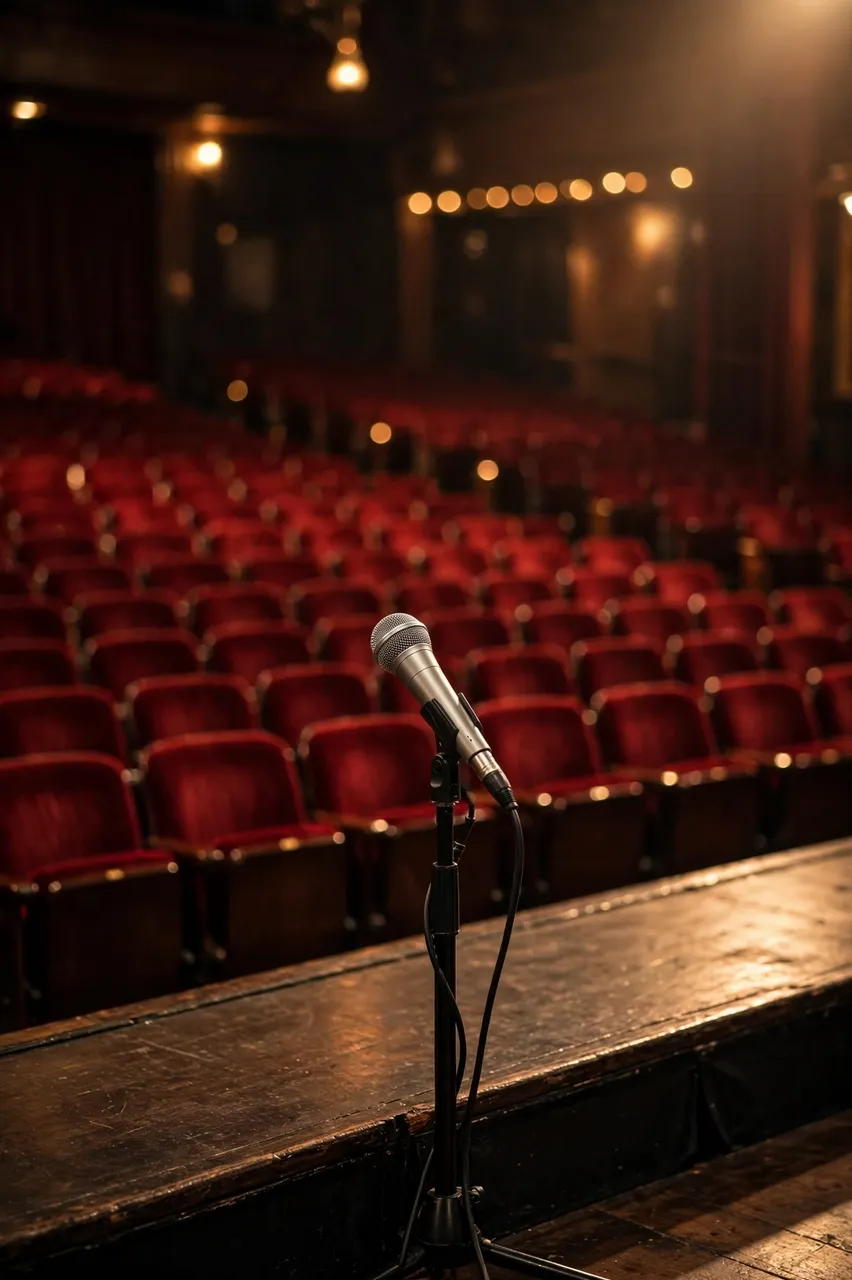 Silver dynamic microphone on a stand sits at the edge of a wooden stage overlooking rows of empty red theater seats in warm