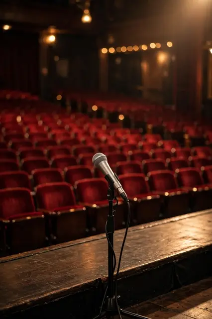 Silver dynamic microphone on a stand sits at the edge of a wooden stage overlooking rows of empty red theater seats in warm