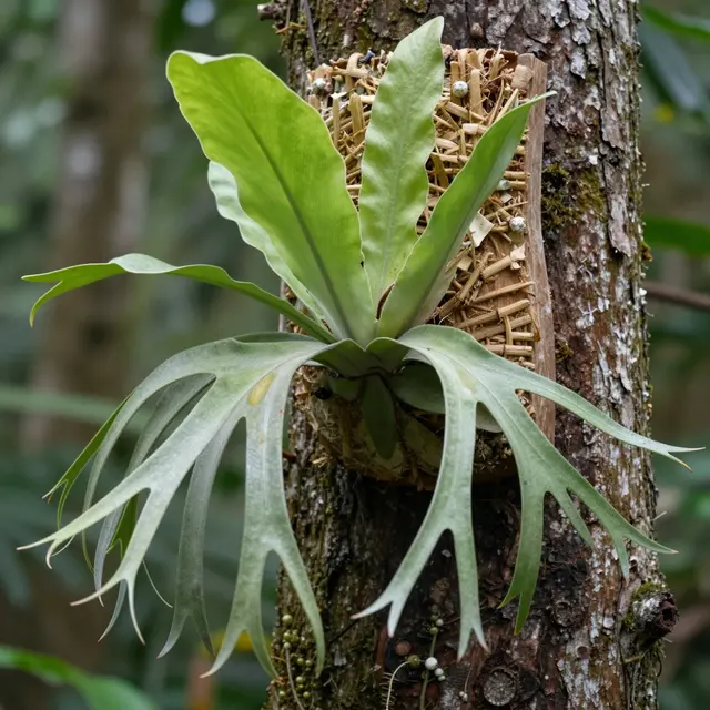 A staghorn fern grows mounted to a textured tree trunk against a soft blurred rainforest background.