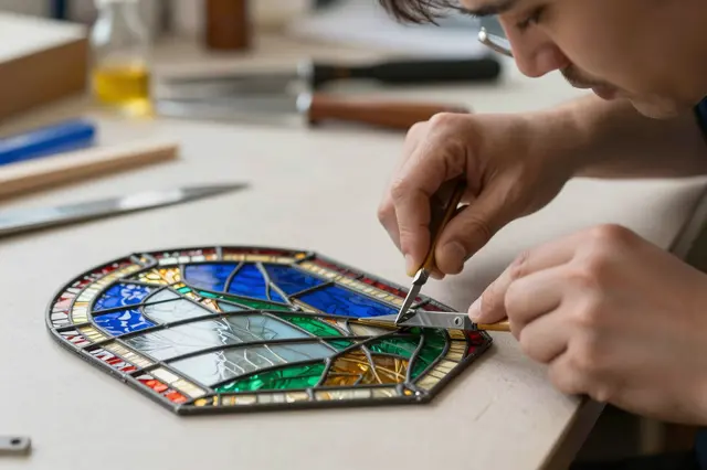 A craftsman uses tools to work on a colorful stained glass panel on a workshop table.
