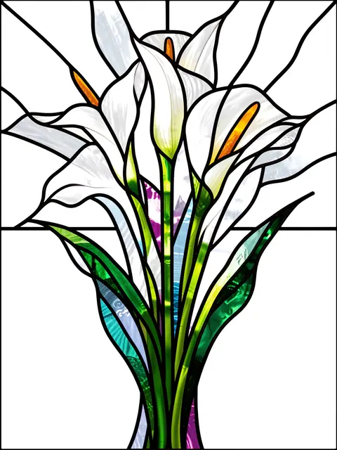 Stained glass panel design of white calla lilies with bold black lead lines and jewel-toned glass sections