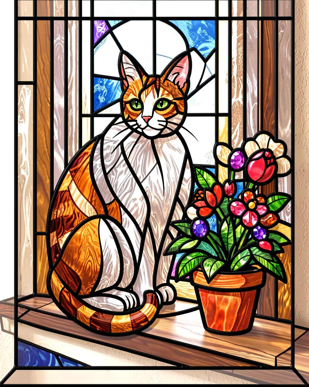 Stained glass illustration of an orange and white cat sitting on a windowsill next to a potted flower bouquet