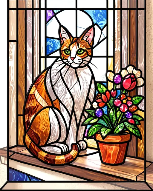Stained glass illustration of an orange and white cat sitting on a windowsill next to a potted flower bouquet