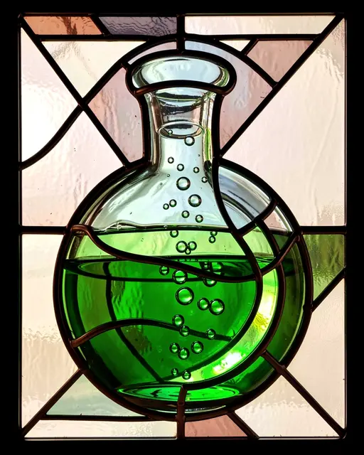 A leaded stained glass panel depicting a round flask filled with bubbling green liquid.