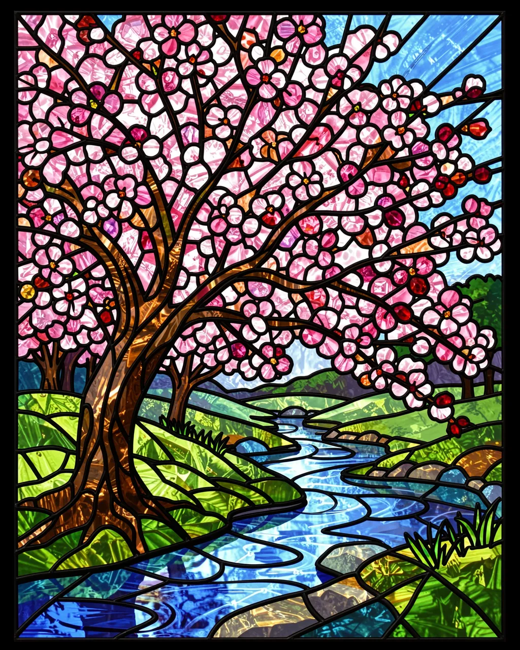 Stained glass panel of a blossoming cherry tree alongside a winding sunlit stream, outlined with bold dark lead lines