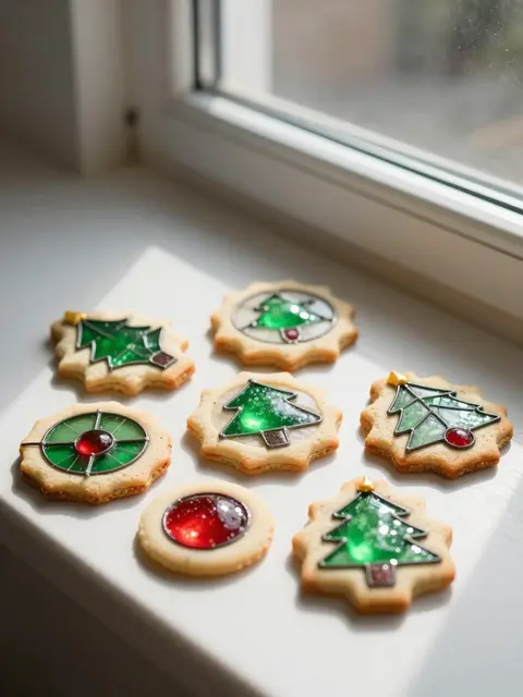 Stained glass Christmas cookies with candy centers rest on a sunny windowsill beside a window