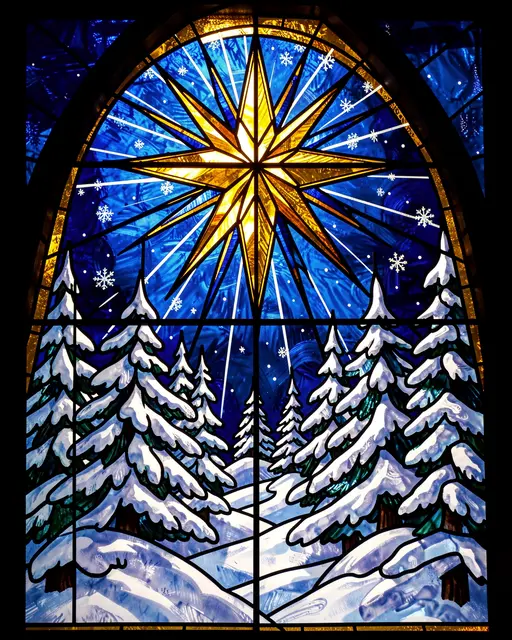 Arched stained glass window showing a glowing golden Christmas star over a snow-covered pine forest