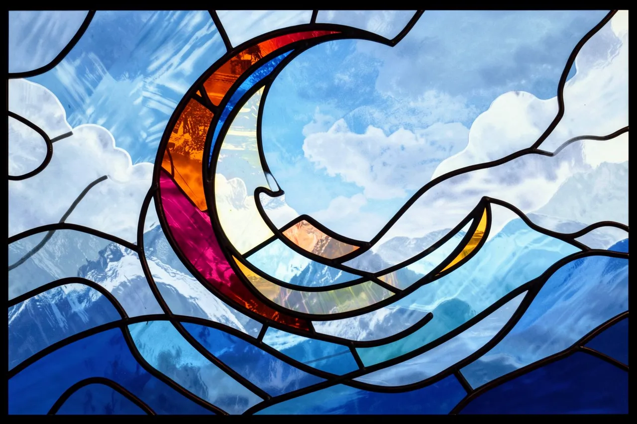 Stained glass panel with bold lead lines features a jeweled crescent moon above misty blue mountain hills and clouds.