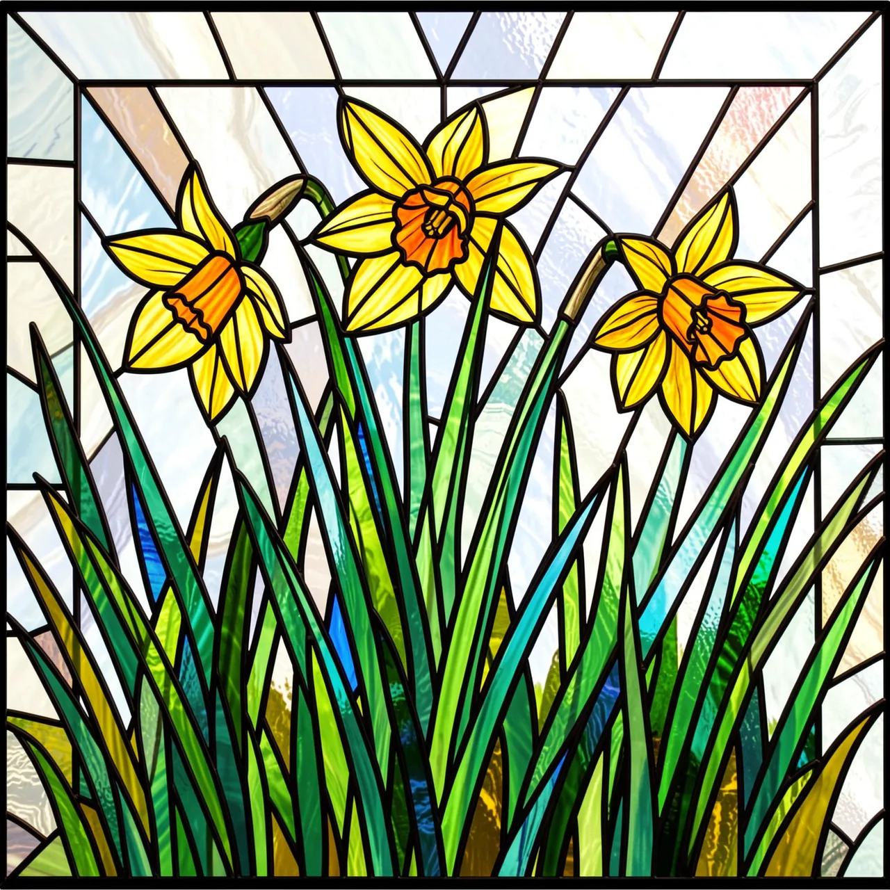 Stained glass panel featuring nodding yellow daffodils in grass with dark lead lines and jewel tones