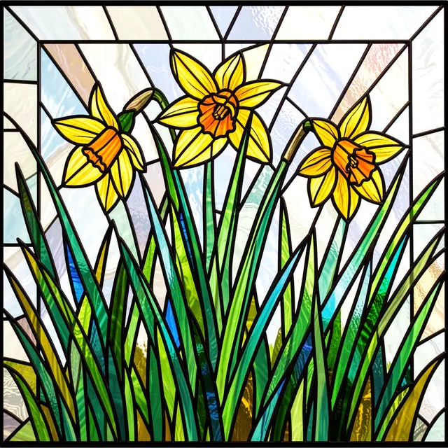Stained glass panel featuring nodding yellow daffodils in grass with dark lead lines and jewel tones