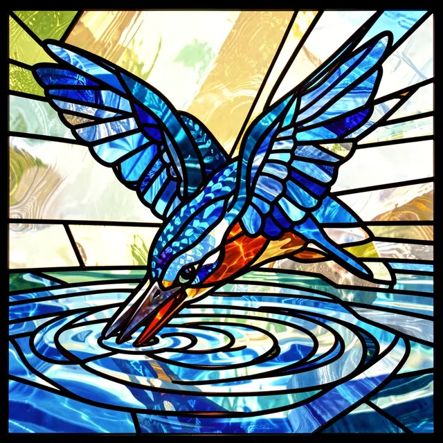 Stained glass depiction of a blue kingfisher diving toward rippling water, framed by bold dark lead lines.