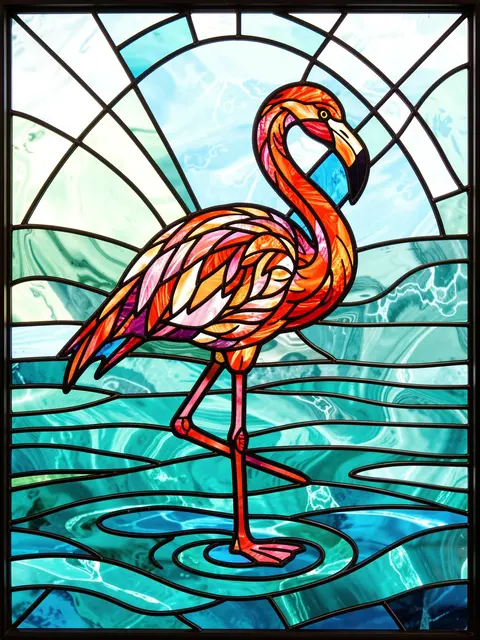 Stained glass artwork showing a flamingo standing in rippled turquoise water with bold black lead lines