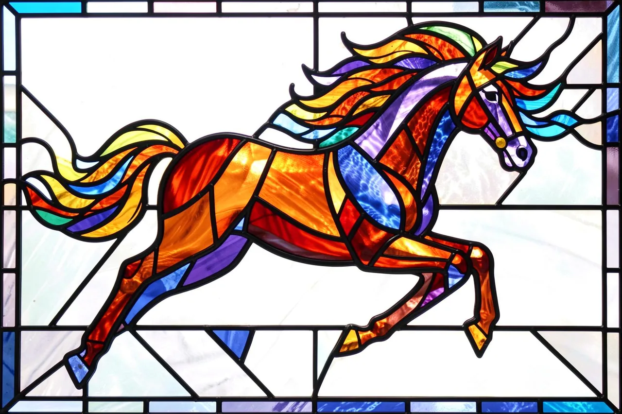 Vibrant stained glass panel showing a galloping horse with a flowing multicolored mane framed by dark lead lines.